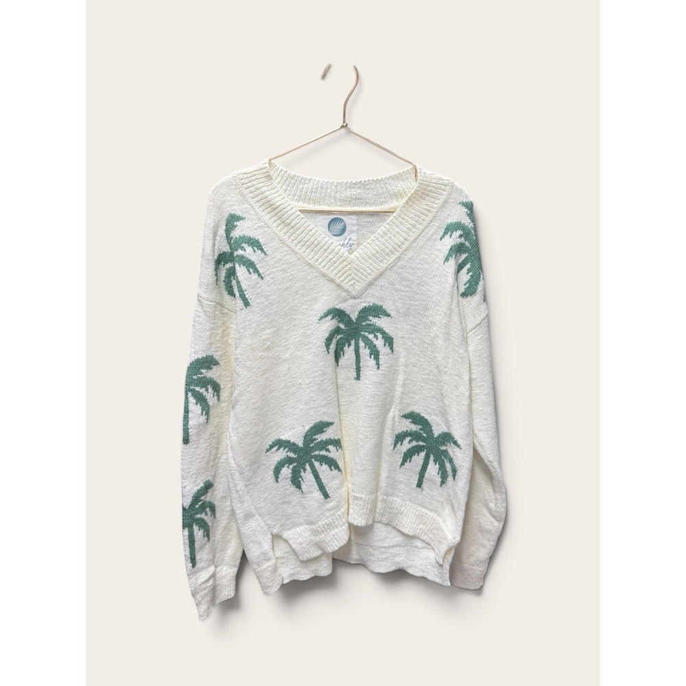 Beachly Women Medium White Green Palm Tree V-Neck Oversized Knit Sweater NWT